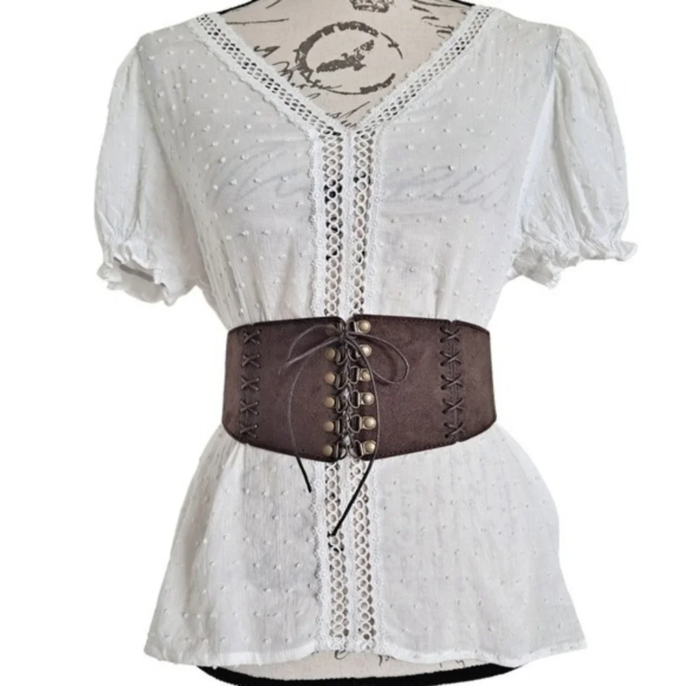 Western wide waist faux suede corset belt L/ XL dark brown boho lace up stretch
